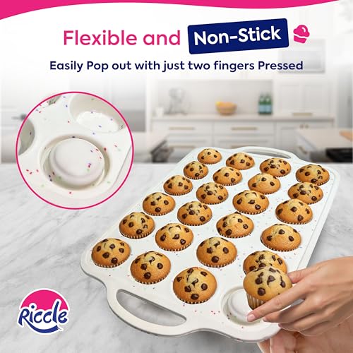 RICCLE 2 Pack Silicone Mini Muffin Pan with Metal Reinforced Frame, 24-Cup Mini Cupcake Pans, Mini Muffin Silicone Molds, Silicone Muffin Pans for Baking - Oven & Dishwasher Safe, BPA-Free