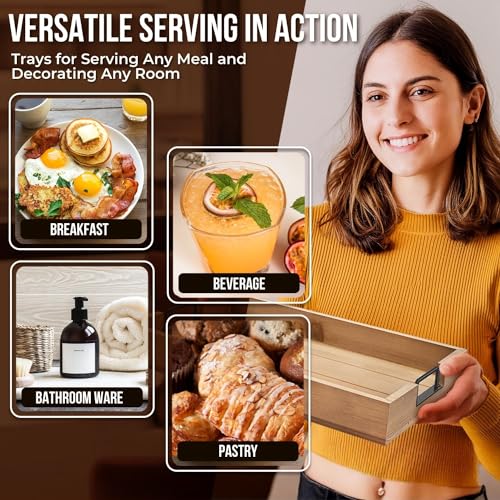 Flexzion Rustic Wooden Serving Trays Set of 3 with Handles, Stackable Fir Wood Ottoman Tray for Coffee Table, Breakfast in Bed, Charcuterie, Snacks, Drinks, Food Serving & Home Decor, Brown