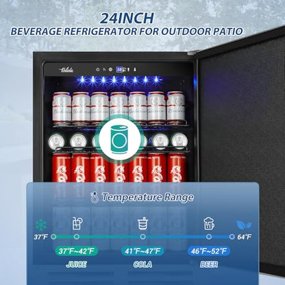 Velivi 24 Inch Beverage Refrigerator Outdoor, Under Counter Beverage Cooler for Patio, Built-in Drink Fridge 210 Cans, with Stainless Steel Door for Soda, Beer, Wine