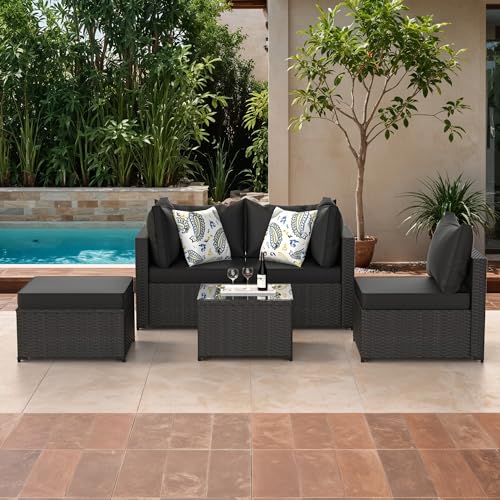 GOJOOASIS Patio Furniture Set Outdoor Sectional Sofa with Ottoman Wicker Couch Rattan Modular Seating Conversation Sets Porch Decor for Backyard, Balcony, Garden (Black)