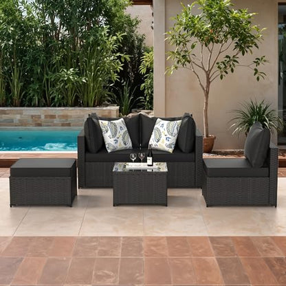 GOJOOASIS Patio Furniture Set Outdoor Sectional Sofa with Ottoman Wicker Couch Rattan Modular Seating Conversation Sets Porch Decor for Backyard, Balcony, Garden (Black)