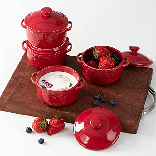 Mini Cocotte Set, 10 OZ Small Casserole Dishes with Lids, Ceramic Kitchen Casserole Sets With Handles, French Onion Soup Bowls, Soup Crocks for French Onion, Desserts, Beef Stew, Cereal, Pot Pies, Set of 4 (Red)