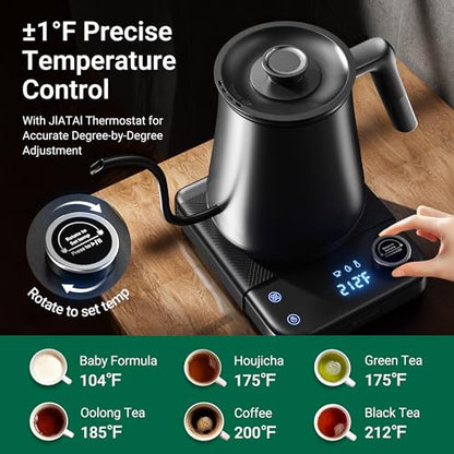 Gooseneck Electric Kettle HIYAKOI with ±1℉ Temperature Control, Pour Over Kettle for Coffee & Tea, 1200W Rapid Heating, Stainless Steel Water Boiler with 12H Keep Warm & Built-in Timer, 0.8L/27oz
