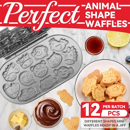 SugarWhisk Animal Mini Waffle Maker for Kids, Mini Pancakes Maker Machine with 12 Different Animal Pancake Molds, Small Waffle Maker Iron, Excellent Christmas Gift for Kids & Adult