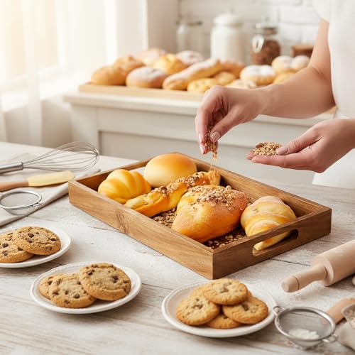2 Pack Solid Acacia Wood Serving Trays with Handles, Rectangular Wooden Serving Platters, Decorative Servings Trays Set, Portable Ottoman Tray–Great for Lap &Couch, 16"+15"