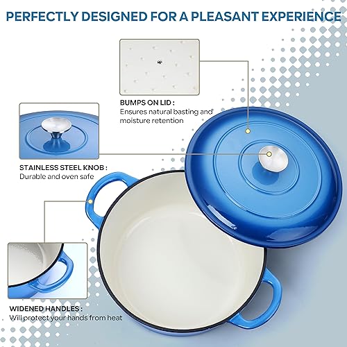Herogo 6 QT Enameled Cast Iron Round Dutch Oven Pot with Dual Handles, Lid & Silicone Trivet Mat, for Bread Baking Stewing Roasting, Nonstick & Easy Cleanup, Safe for Various Stovetops-Blue