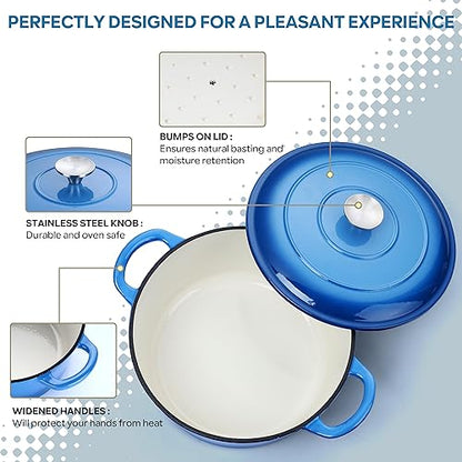 Herogo 6 QT Enameled Cast Iron Round Dutch Oven Pot with Dual Handles, Lid & Silicone Trivet Mat, for Bread Baking Stewing Roasting, Nonstick & Easy Cleanup, Safe for Various Stovetops-Blue