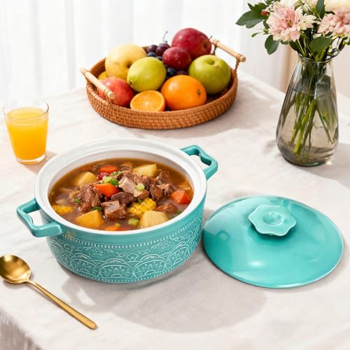 Elsjoy 2 Quart Round Ceramic Casserole Dish with Lid, 7.5 Inch Covered Casserole for Oven, Glazed Ceramic Baking Dish Vintage Bakeware for Kitchen, Turquoise