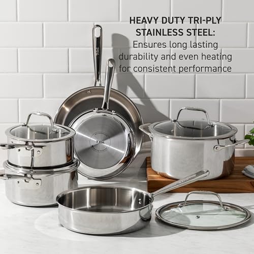 T-Fal Pro Tri-Ply Stainless Steel Large Dutch Oven Pot with Lid, 6 Quart Induction Pot, Oven Safe 500F, Lid 350F, Fast & Even Heat, Professional Quality & Durability, Silver