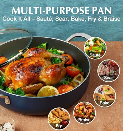 KOCH SYSTEME CS 12-Inch Saute Pan, 5.5-Quart Deep Frying Pan, Toxin-Free Ceramic Nonstick Saute Pan with Lid – Large Scratch-Resistant Deep Fry Pan, Oven Safe, Induction Compatible, Gradient Blue
