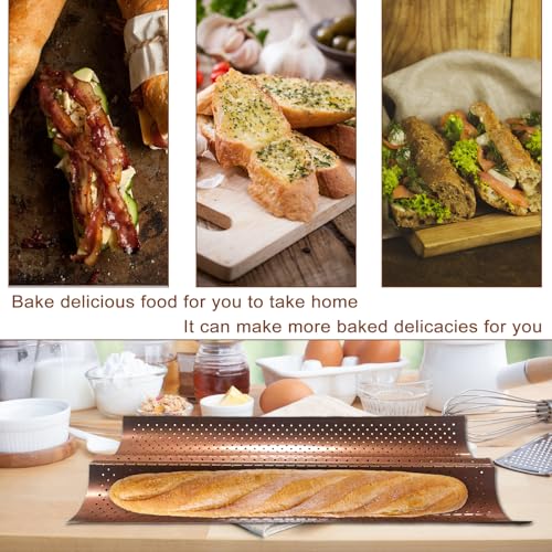 Logario Baguette Pan Set of 2 with Proofing Cloth, Nonstick 2-Slot French Bread Baking Pan for Homemade Baguette, Carbon Steel Vintage Bronze Tray, Bakeware for Artisan Homemade Bread