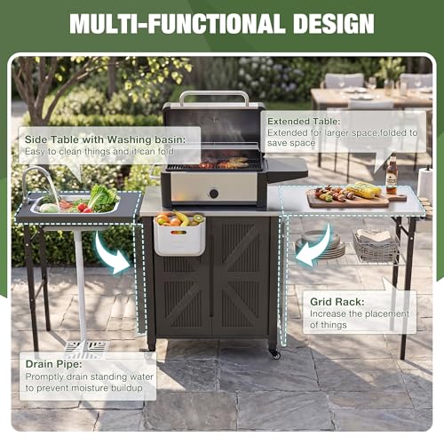 3-in-1 Outdoor Grill Cart with Sink & Faucet, Stainless Steel Top Outdoor Kitchen Island, Prep Table with Foldable Side Table, Storage Cabinet, Rolling Grill Station with Wheels for Patio, Backyard