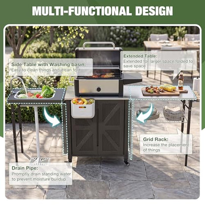3-in-1 Outdoor Grill Cart with Sink & Faucet, Stainless Steel Top Outdoor Kitchen Island, Prep Table with Foldable Side Table, Storage Cabinet, Rolling Grill Station with Wheels for Patio, Backyard