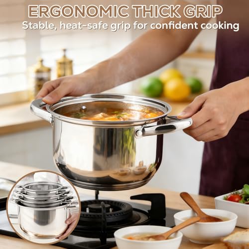 Colourcoco Stainless Steel Cookware Set - 15 Pieces Pots and Pans Nonstick Pot and Pan Set Includes 1 Frying Pans, 5 Pots, 6 Lids and 3 Utensils, with Stay Cooling Handle, Induction & Oven Safe