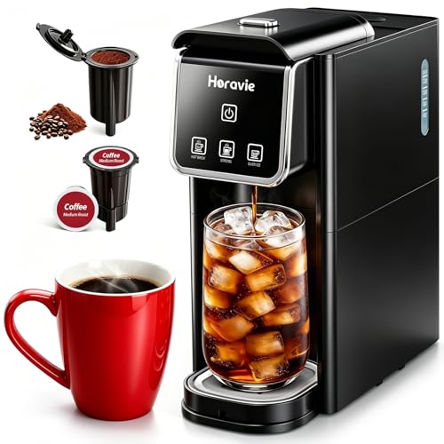 Horavie Single Serve Coffee Maker, Hot & Iced Coffee Maker for K-Pod and Grounds, Strong Brew Setting, 6-12 oz Brew Sizes One Cup Coffee Machine, Black