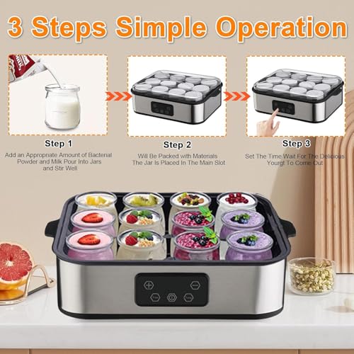 Automatic Yogurt Maker 12 180ml Jars Digital Yogurt Maker Machine Adjustable Temperature 48H Time Control for Fresh Homemade Yogurt Dessert, Led Display Multi-Function 2160ml Electric Yogurt Machine