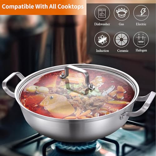Delarlo Tri-Ply Stainless Steel 12 inch Everyday Pan with Glass Lid, Deep Saute Pan, Kitchen Everything Pan, High Side Chef's Pans, Induction Cooking Pot, Dishwasher Safe, 4QT Stock Pot Up To 600℉