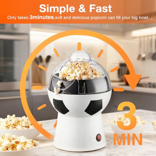 Hot Air Popcorn Maker, 1200W Electric Oil-Free One-Touch Popper with Measuring Cup & Butter Melter, BPA-Free Healthy Snack Machine for Home, Kids, Movie Night, Camping-Soccer Shaped