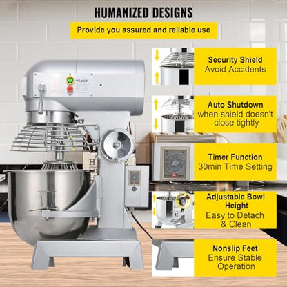 Happybuy 10Qt Commercial Food Mixer with Timing Function， Commercial Mixer 500W Stainless Steel Bowl Heavy Duty Electric Food Mixer Commercial with 3 Speeds Adjustable, Perfect for Bakery Pizzeria