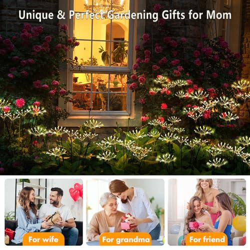 Solar Garden Lights 2 Pack Twinkling Solar Firework Lights with 2 Modes 120LED, Solar-Powered Light for Outside Yard Pathway Garden Decor Outdoor Waterproof, Gardening Gifts for Women Mothers Day,Warm