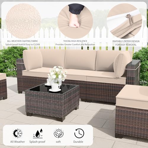 RTDTD 11 Pieces Outdoor Patio Furniture Set,Outdoor Sectional Furniture with 45" 55000 BTU Gas Propane Fire Pit Table,PE Rattan Wicker Patio Conversation Set,Swivel Rocking Chairs Set,Sand