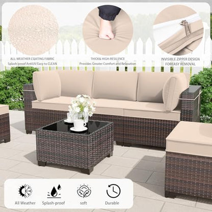 RTDTD 11 Pieces Outdoor Patio Furniture Set,Outdoor Sectional Furniture with 45" 55000 BTU Gas Propane Fire Pit Table,PE Rattan Wicker Patio Conversation Set,Swivel Rocking Chairs Set,Sand