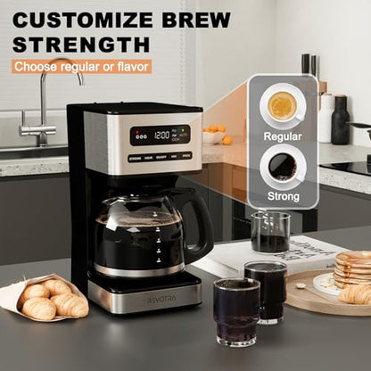 REVOTRA 12 Cup Programmable Coffee Maker, Hot and Iced Coffee Makers, Regular & Strong Brew Drip Coffee Machine, 1-4 Cup, 24H Timer, Auto Shut-Off, Keep Warm, Pause & Serve