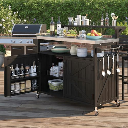 Merax 53.3" Outdoor Kitchen Island with Raised Shelf, Solid Wood Storage Cabinet with Stainless Steel Top, Rolling Grill Cart, Adjustable Shelf, Brown