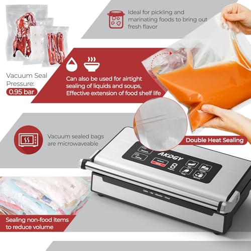 95Kpa Vacuum Sealer Machine，Upgraded Commercial Food Vacuum Sealer, 14-in-1 Functions & Double Heat Seal, Stainless Steel, Large Icons,130W Dual Pumps(25L/Min Suction), Widened Easy-Lock Handle