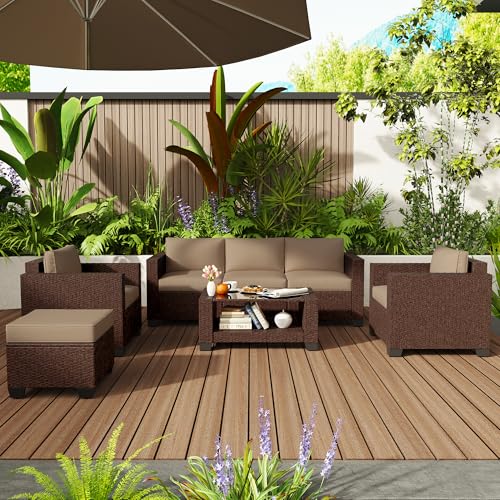 KIGOTY Patio Furniture Set 7 PCS Patio Conversation Sets, All-Weather PE Rattan Outdoor Sectional Sofa with Cushion and 2- Tier Glass Coffee Table（Brown/Camel）