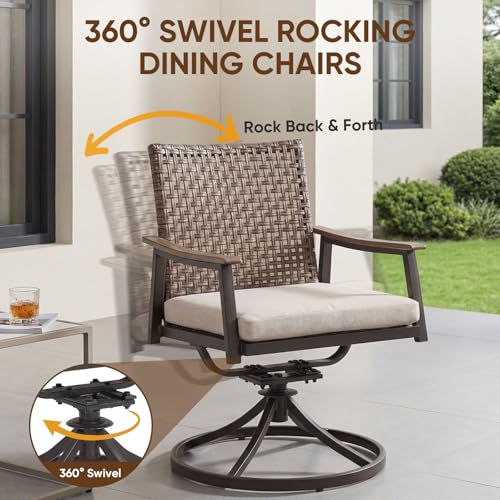 NATURAL EXPRESSIONS 7 Piece Patio Dining Set for 6 Outdoor Furniture Set,6 Pcs Outdoor Rattan Wicker Swivel Chairs with Woodgrain Armrest, 65" Large Dining Table with 1.65'' Umbrella Hole for Garden