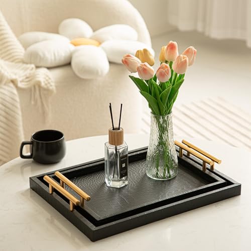 JUMBO HUMBLE Modern Elegant Large Wood Serving Tray, Set of 2 Black Crocodile Leather with Gold Polished Metal Handles, Home Decorative Rectangle Ottoman Decor Platter Living Room Bathroom Vanity Tray