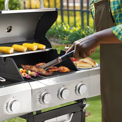 Endark 3-burner Propane Grill with a Side Burner and Grill Cover, 40,500 BTU, Stainless Steel BBQ Grill with Thermometer,Wheels, Enameled Cast Iron Grate Gas Grill, Perfect for Patio,Garden Cooking