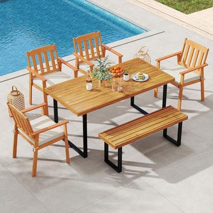 Tangkula 6 Pieces Patio Dining Table Set, 63” Rectangle Acacia Wood Table with Umbrella Hole and 4 Cushioned Armchairs and Backless Bench, Outdoor Dinette Furniture for Garden Yard Kitchen