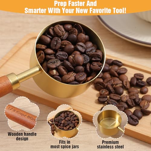 PercyEffie 8 Pcs Gold Measuring Cups and Spoons Set, Stainless Steel Measuring Cups with Wood Handles, 4 Stackable Wooden Measuring Cups and 4 Measuring Spoons Set for Kitchen Cooking and Baking