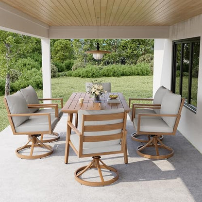 HAPPATIO Outdoor Dining Set, 7-Piece Patio Aluminum Dining Set with Wood-Like Hand-Painted Finish, 6 Swivel Rockers with Waterproof Cushions, Easy Assembly for Backyard, Garden, Porch, Grey Cushion