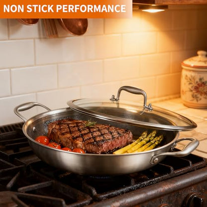 DELARLO Tri-Ply Stainless Steel Wok 13in Nonstick Deep Wok Pan with Lid,Stir-Fry Pans,5.5QT Cooking Pot induction Large woks,Compatible with All Cooktops Up to 550°F(Double Handle)