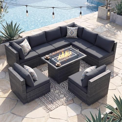 NICESOUL 9 Piece Modern Outdoor Furniture Set with Fire Pit Table, 8 Seat L-Shaped Extra Large Sectional Sofa Sets, 29.3'' High Back Comfy Modular Wicker Conversations, Natural Gas & Propane, Grey