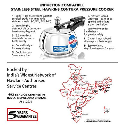 Hawkins Contura Pressure Cooker, Stainless Steel Inner Lid Cooker, Handi Cooker, Induction Cooker, Small Cooker, Silver SSC20 2 Litre