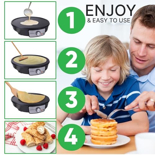 Nutrichef Electric Crepe Maker Pan & Griddle | 12 Inch Nonstick Cooktop | LED Indicators & Adjustable Temperature Control | Includes Spatula, Batter Spreader | Cooks Crepes, Roti & Pancakes