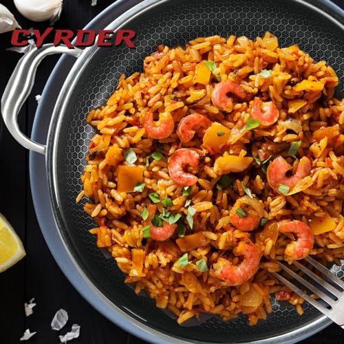 CYRDER Large Hybrid Nonstick Deep Frying Pan-13inch 316L Stainless Steel Sauté Pan and Lid, Two Handle Hold, PFOA Free, Dishwasher Oven Safe, Cookware to Stir fry/Toast/Roast/Bake/Stew, 7.2-Quart
