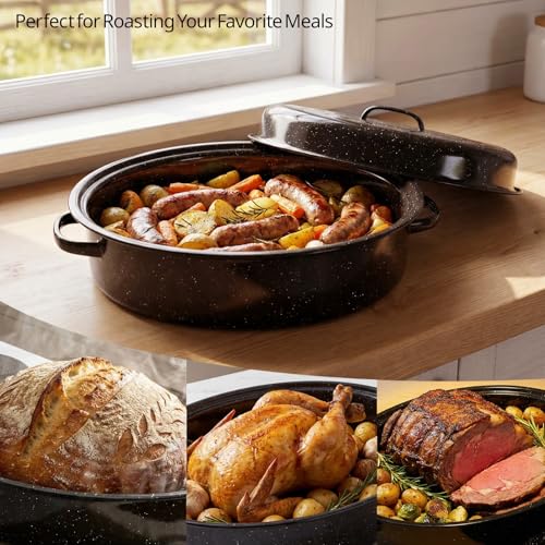 15"Oval Roasting Pan With Lid Small Chicken Roaster With 13.7in Inner Diameter Enamel Steel Roasting Pot Suitable for Outdoors Family Dinnerhigh Temperature Resistance Holiday Gifts