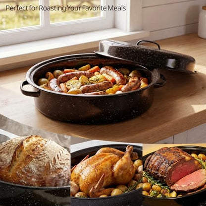 15"Oval Roasting Pan With Lid Small Chicken Roaster With 13.7in Inner Diameter Enamel Steel Roasting Pot Suitable for Outdoors Family Dinnerhigh Temperature Resistance Holiday Gifts