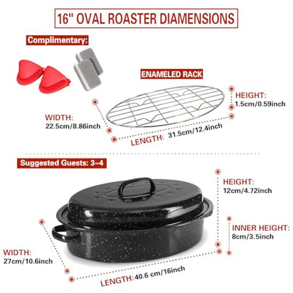bajindan 16 Inch Enamel Roasting Pan with Lid & Rack, Oven & Dishwasher Safe Turkey Roaster, 932°F Heat Resistant, Includes Silicone Handles & Cleaning Sponges