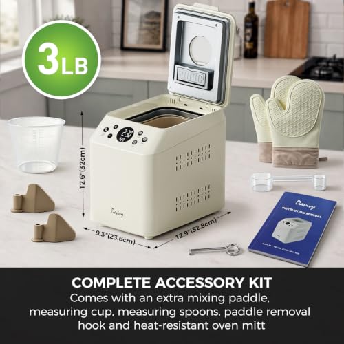 Davivy 3 LB Bread Maker | 20-in-1 Automatic Bread Machine, Ceramic Nonstick Pan & Auto Fruit Nut Dispenser, 750W Dual Heaters, Quiet Motor, 15H Delay Timer, Sourdough, Gluten free