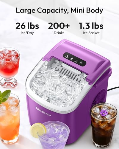 EUHOMY Countertop Ice Maker Machine with Handle, 26lbs Per Day, 9 Ice Cubes Ready in 6 Mins, Auto-Cleaning Portable Ice Maker with Basket and Scoop, for Home/Kitchen/Camping/RV (Purple)