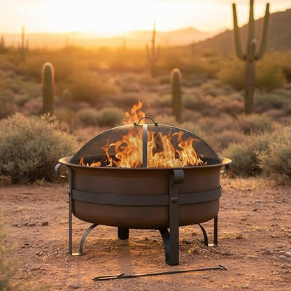Sunnydaze 29-Inch Cauldron Wood-Burning Outdoor Fire Pit for Patio and Backyard - Round Steel Outside Firepit Bowl with Removable Ash Pan, Spark Screen, and Poker Tool - Dark Bronze Finish