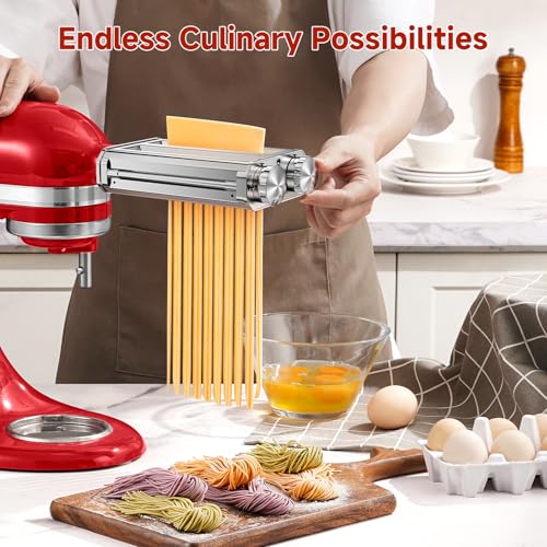 Pasta Maker Attachment for Kitchen Aid Stand Mixers, 304 Stainless Steel, Rust-Proof, 8 Thickness Settings, Easy to Clean, 3 in 1 Accessories for Homemade Spaghetti, Fettuccine, Lasagna