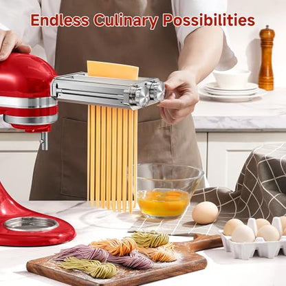 Pasta Maker Attachment for Kitchen Aid Stand Mixers, 304 Stainless Steel, Rust-Proof, 8 Thickness Settings, Easy to Clean, 3 in 1 Accessories for Homemade Spaghetti, Fettuccine, Lasagna