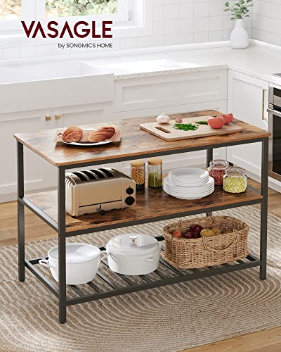 VASAGLE Kitchen Island with 3 Shelves, 47.2 Inches Width Kitchen Shelf with Large Worktop, Stable Steel Structure, Industrial, Easy to Assemble, Rustic Brown and Black UKKI01BX